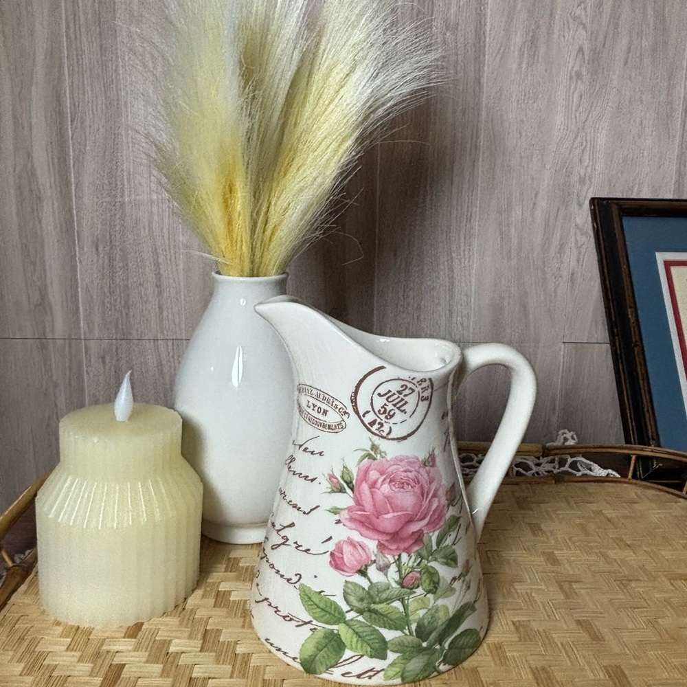 Teleflora Gift Shabby Chic Pink Rose FloralE White Ceramic Pitcher Vase